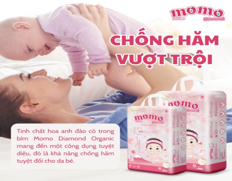 Bỉm Momo Diamond chứa tinh chất hoa anh đào và các dưỡng chất giúp dưỡng da, ngăn ngừa hăm da cho bé