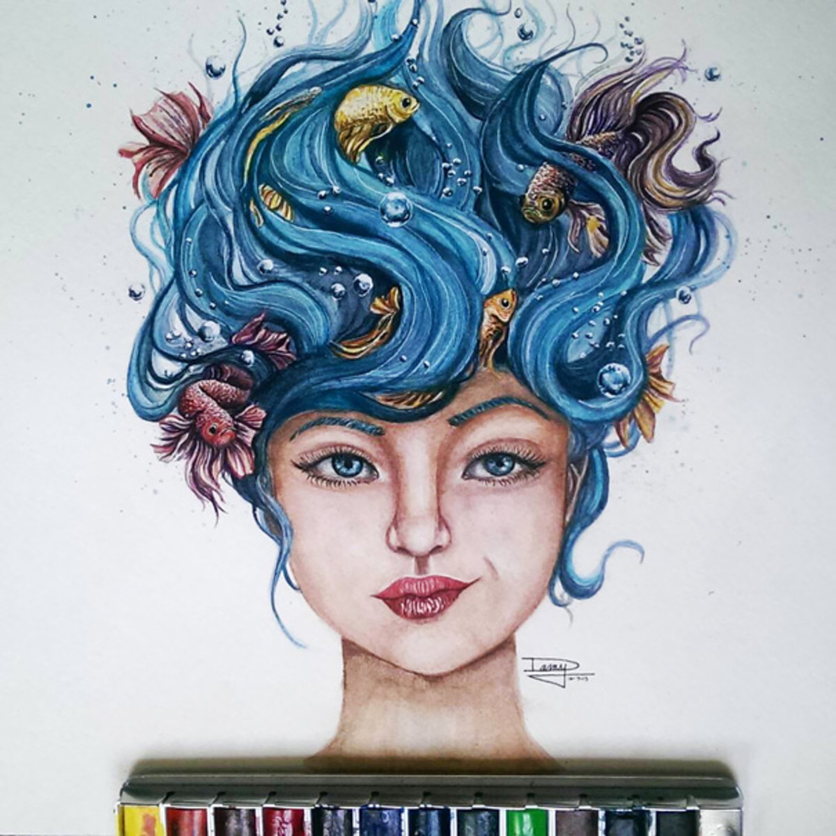 Tranh màu nước đẹp - Cô gái với mái tóc đại dương