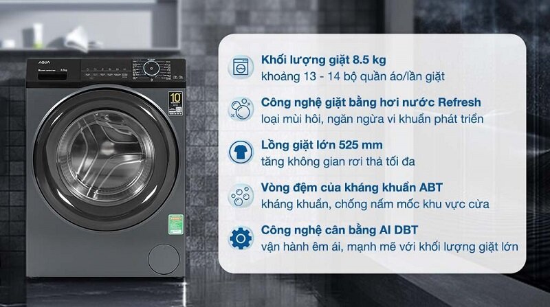 Máy giặt lồng ngang Aqua Inverter 8.5kg AQD-A852J.BK 