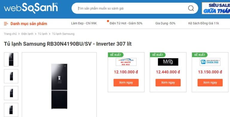 Giá tủ lạnh Samsung Inverter 307 lít RB30N4190BU/SV
