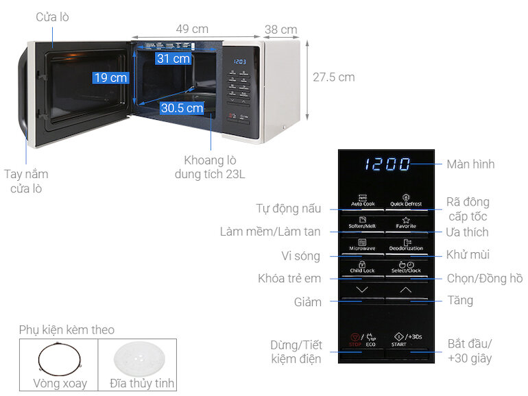 Lò vi sóng Samsung MS23K3513AS 23 lít 800W có 5 chế độ tự động tính toán thời gian với chức năng rã đông cực kỳ chuẩn xác.