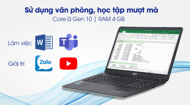 Laptop Acer Aspire A315 56 308N i3 1005G1 sở hữu chip xử lý Intel Core i3 thế hệ 10 tân tiến