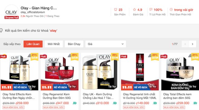 Shopee giảm 10% khi mua hàng tại gian hàng Olay chính hãng