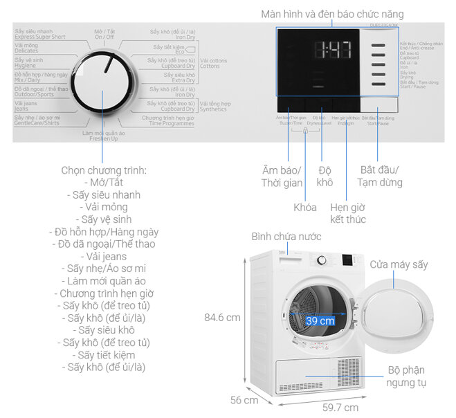 Máy sấy quần áo 8kg ngưng tụ Beko 8 kg DU8133GA0W