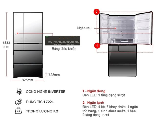 kích thước tủ lạnh 6 cánh Hitachi X670GV(X) 722 Lít Inverter dòng French Door