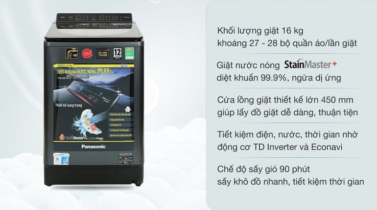 Máy giặt Panasonic 16 kg NA-FD16V1BRV được sản xuất tại Việt Nam và có thiết kế hiện đại, chắc chắn