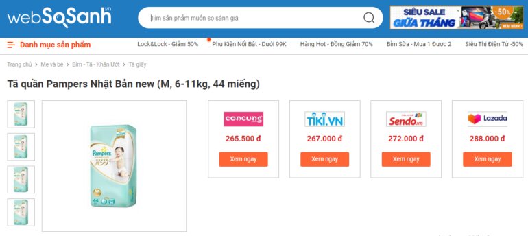So sánh giá bỉm Pamper nội địa Nhật size M trước khi mua để có giá tốt với Websosanh.vn thật dễ dàng