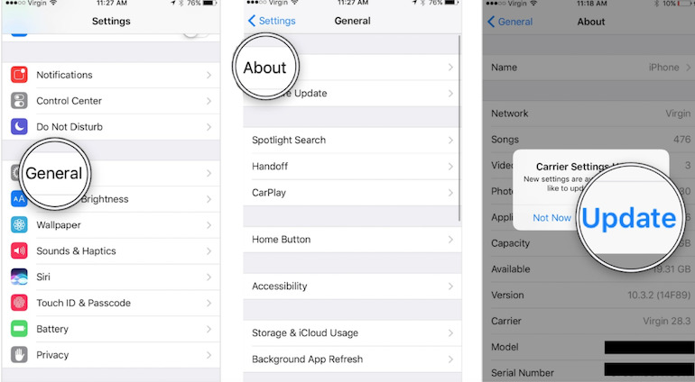 Cập nhật lại Carrier Settings cho iPhone