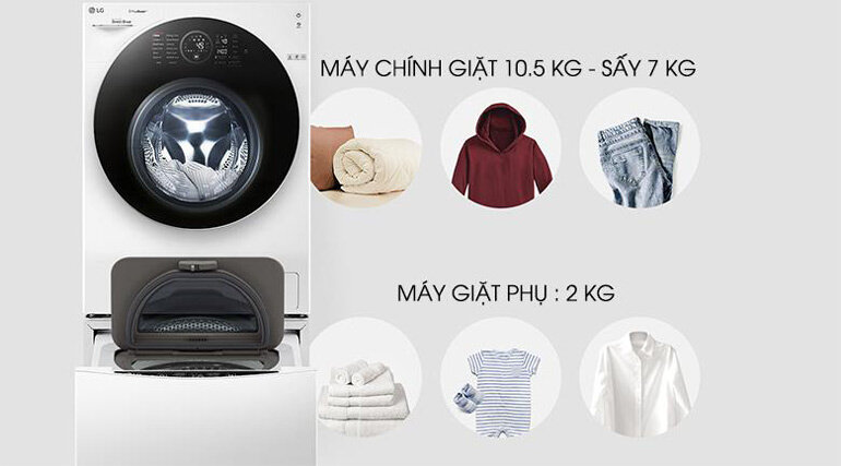 Máy giặt lồng đôi LG Twin Wash giặt 10.5Kg+2.0Kg/ sấy 7Kg (FG1405H3W & TG2402NTWW) tự động phân loại đồ giặt sấy tiện lợi
