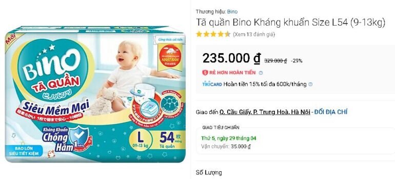 Khuyến mãi giảm giá 30% cho các bỉm quần Bino size M60, L54 và XL48