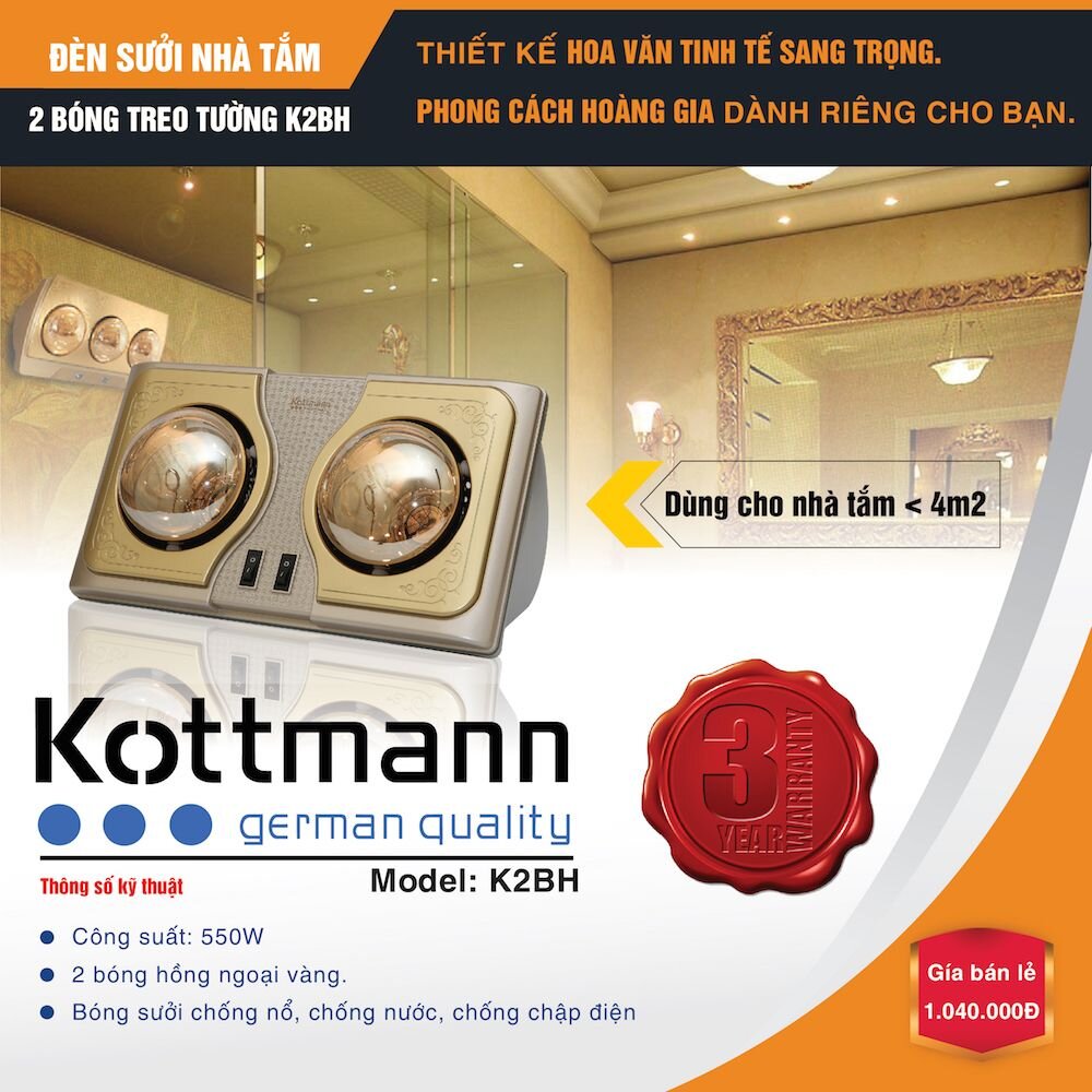 Đèn sưởi nhà tắm kottmann K2B-H 2 bóng an toàn với nước
