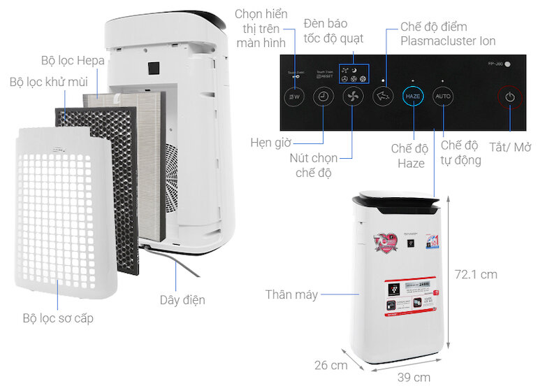 Máy lọc không khí Sharp fp-j60e-w được trang bị hệ thống lọc thông minh.