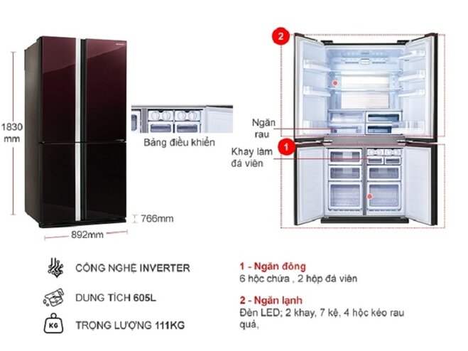 tủ lạnh 4 cánh Sharp SJ-FX688VG-RD 678 lít