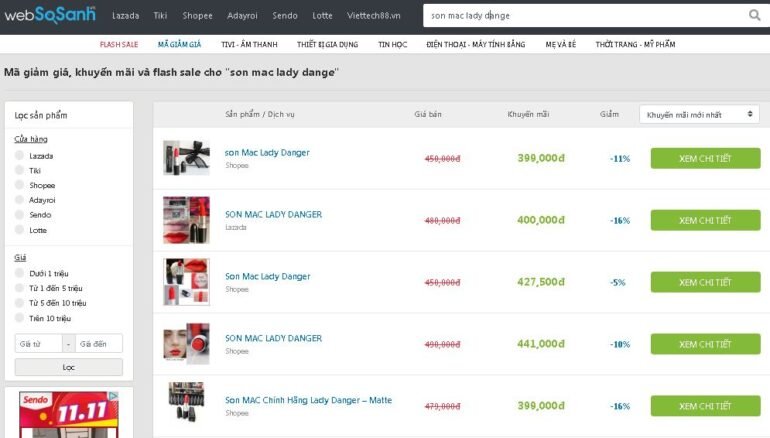 Son Mac Lady Dange sale 16% giá chỉ còn 399.000 vnđ