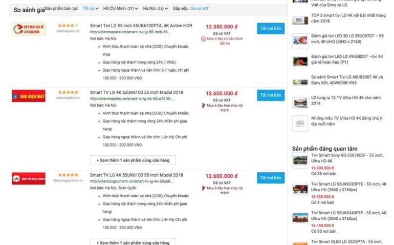 click vào so sánh giá Smart Tivi LG 4K 55 inch 55UK6100PTA thì thấy em rẻ nhất là 12tr550k