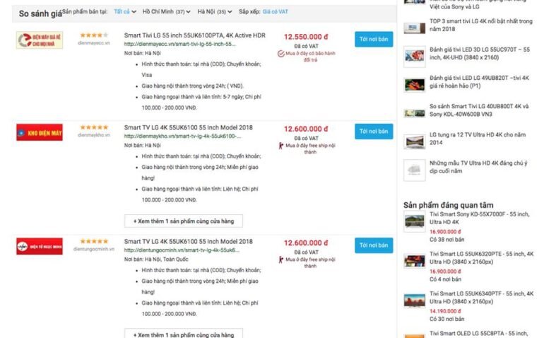 click vào so sánh giá Smart Tivi LG 4K 55 inch 55UK6100PTA thì thấy em rẻ nhất là 12tr550k