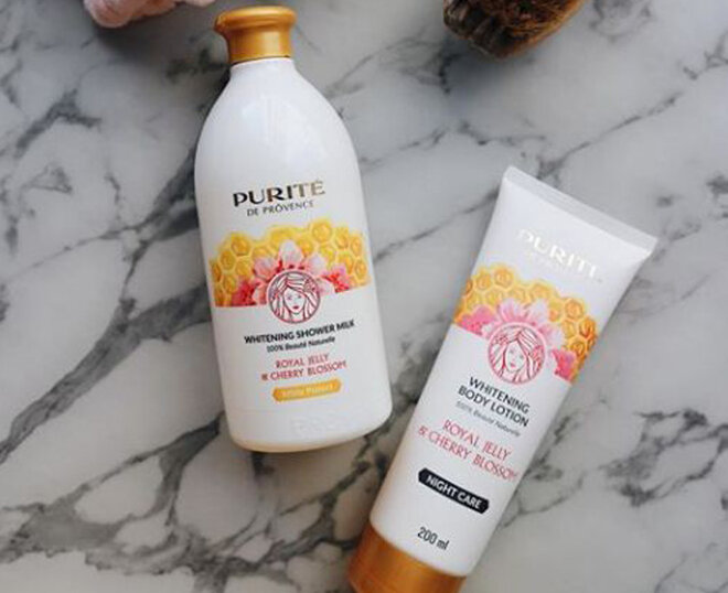 sữa tắm dưỡng trắng và dưỡng thể Purité Royal Jelly & Cherry Blossom