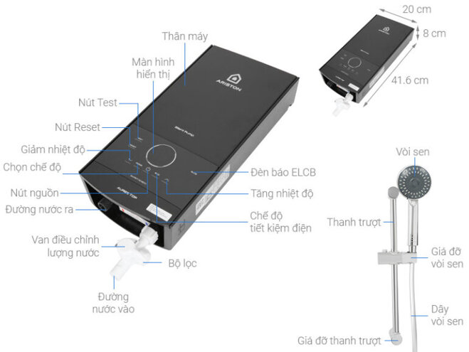 Các phụ kiện máy nước nóng trực tiếp Ariston Aures Top 4.5P khi mua