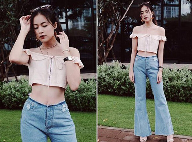 sự kết hợp trẻ trung giữa quần bò ống rộng và áo croptop