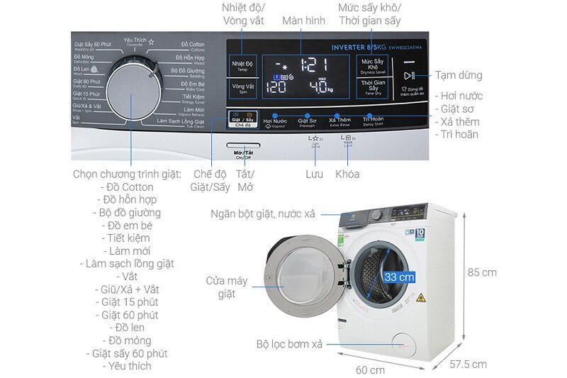 Máy giặt 8kg sấy 5kg Electrolux UltimateCare 900 EWW8023AEWA