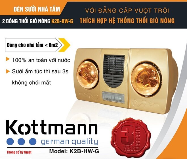 Đèn sưởi nhà tắm 2 bóng kottmann bảo hành cực tốt