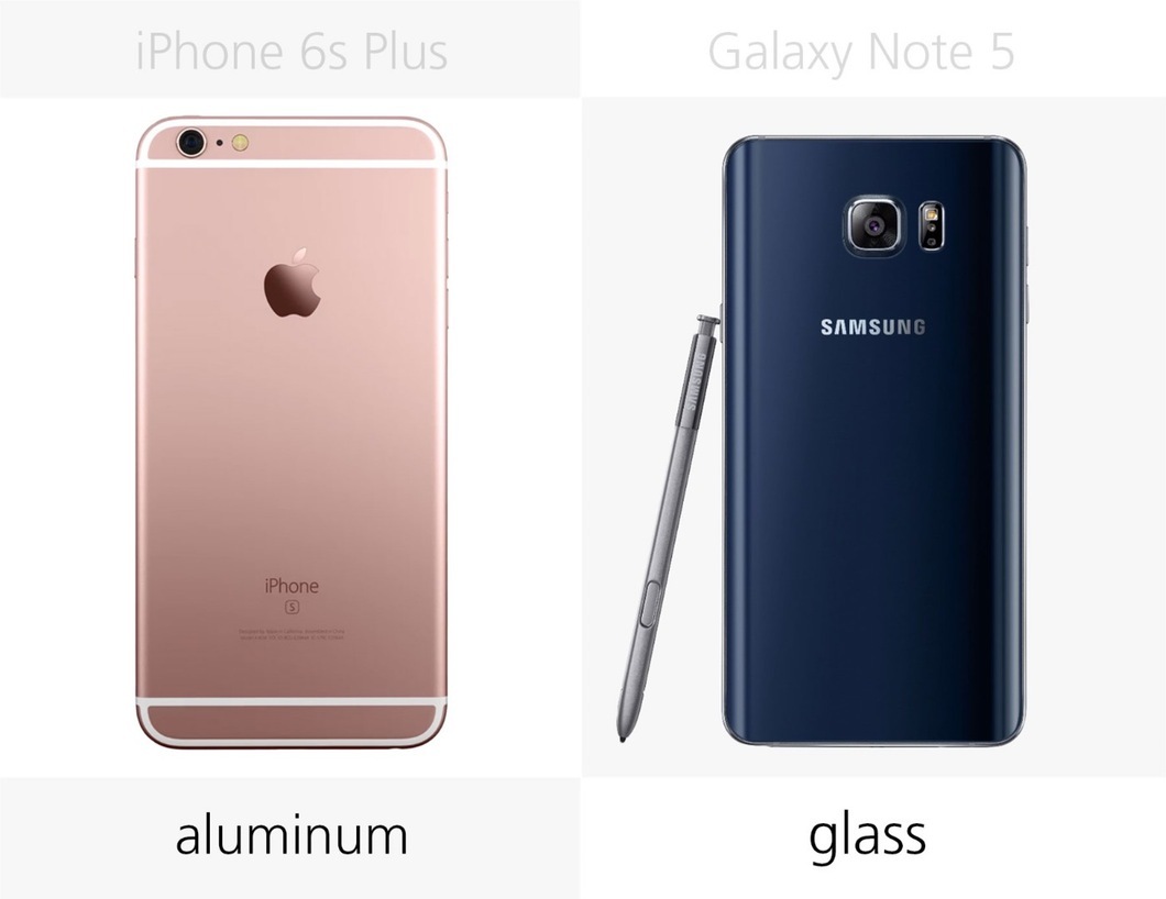iPhone 6s Plus có mặt lưng bằng nhôm còn lưng của Galaxy Note 5 là kính cường lực