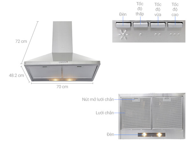 Máy hút mùi áp tường Teka DBB-70 hút mùi nhanh chóng với công suất hút 380m3/h.