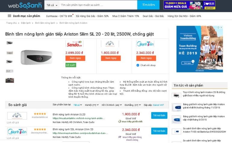 Giá bình tắm nóng lạnh Ariston SL 20 20 lít 2500W bao nhiêu tiền ?