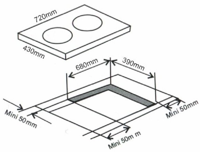 Kích thước của bếp âm Arber AB-678 khi được lắp đặt