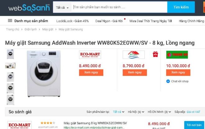 Máy giặt Samsung AddWash Inverter 8 kg WW80K52E0WW/SV