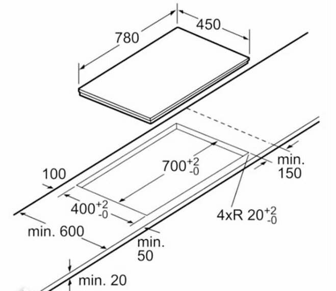 Kích thước bếp từ Bosch 2 vùng nấu này sẽ phù hợp với những căn bếp có mặt đá khoảng từ 2 – 3m2.