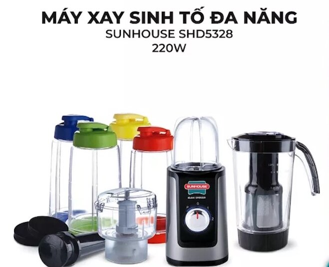 Máy xay đa năng Sunhouse shd5328 có 4 cốc đựng nhỏ cùng nắp đậy vô cùng tiện lợi.