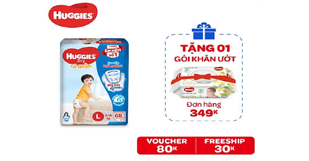 Giá tã quần Huggies size L 68 miếng bao nhiêu tiền? Có khuyến mãi gì không?