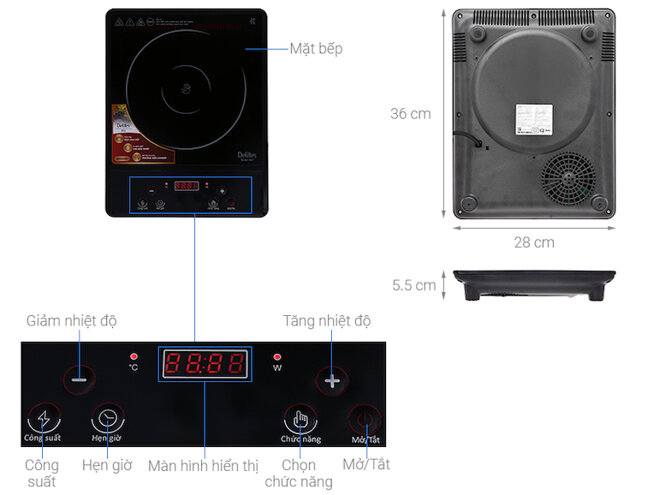 Bếp hồng ngoại Delites 853 với bảng điều khiển nút nhấn tiếng Việt dễ dàng điều chỉnh.