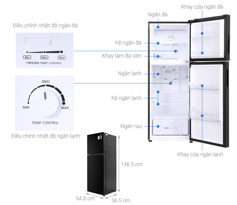 Kích thước tủ lạnh Aqua Inverter 211 lít AQR-T238FA(FB)