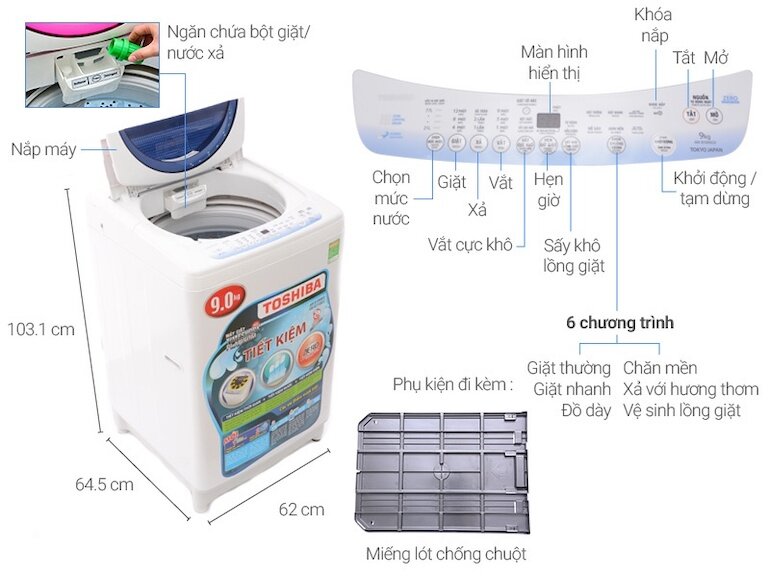 Máy giặt lồng đứng Toshiba AW-DC1000CV(WB), 9kg, Inverter