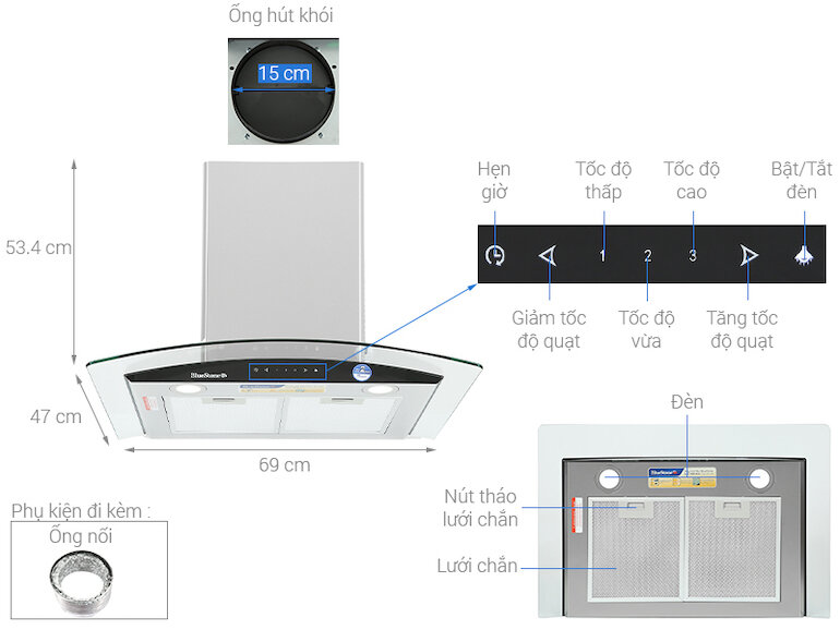 Máy hút mùi than hoạt tính BlueStone HOB-8735