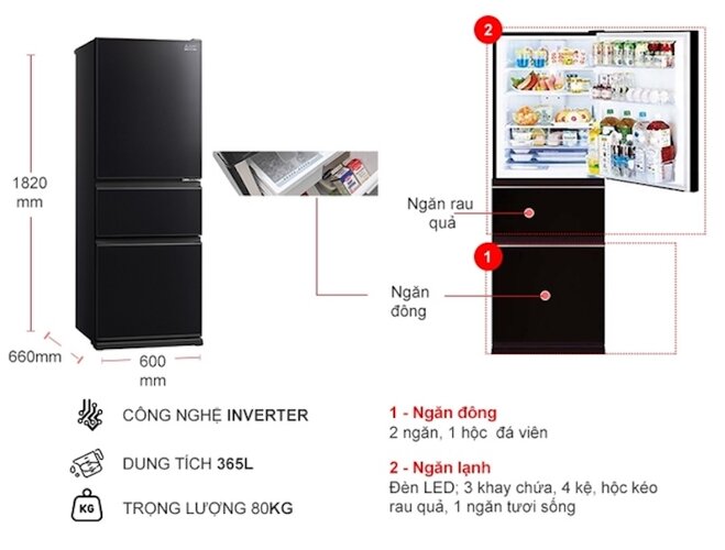 Tủ lạnh Mitsubishi Inverter 365 lít MR-CGX46EN thiết kế hiện đại, độc đáo