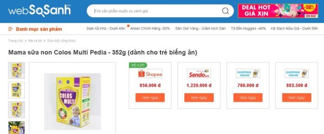 Ví dụ về giá sữa non Mama Colos Multi Pedia 352g