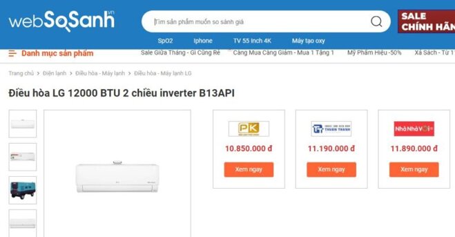 So sánh giá điều hòa 2 chiều LG B13API 12000 BTU cùng Websosanh.vn