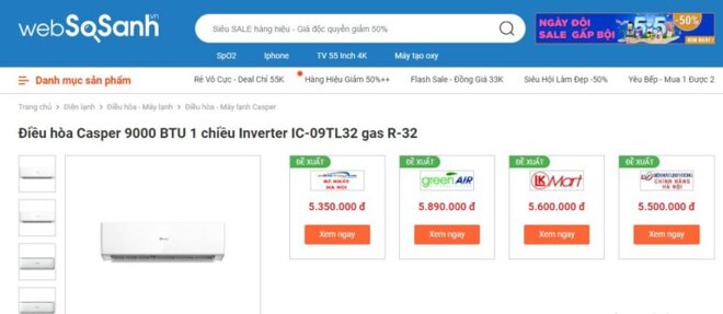 so sánh giá điều hòa Casper IC-09TL32 với Websosanh.vn