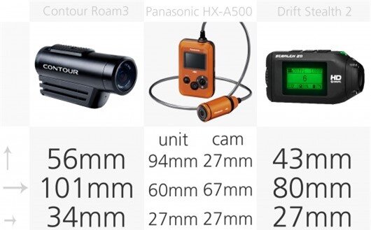 Action camera dimensions comparison (row 2)