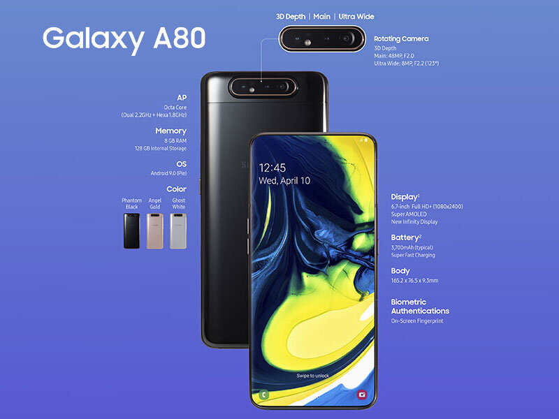 Màn hình Galaxy A80 (phải) không có nốt ruồi hay tai thỏ như Galaxy A70 (trái)