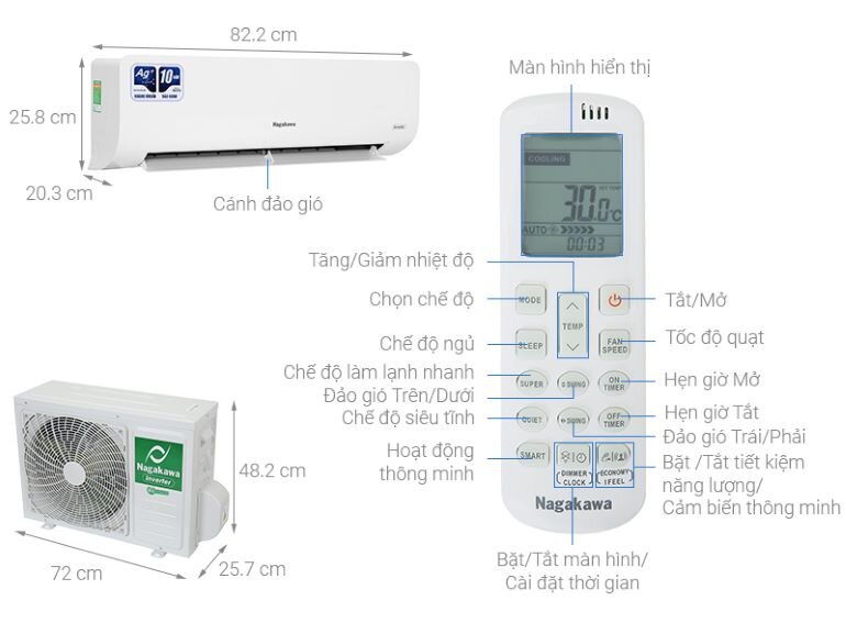 Điều hòa Nagakawa 12000 BTU 1 chiều Inverter NIS-C12R2H11 gas R-32 được sản xuất ngay tại Việt Nam