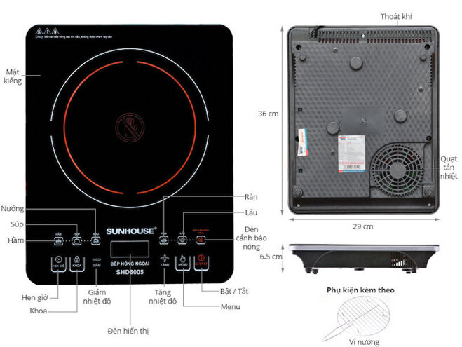 Bếp hồng ngoại Sunhouse shd6005 với công suất hoạt động 2000W giúp tiết kiệm thời gian nấu nướng.