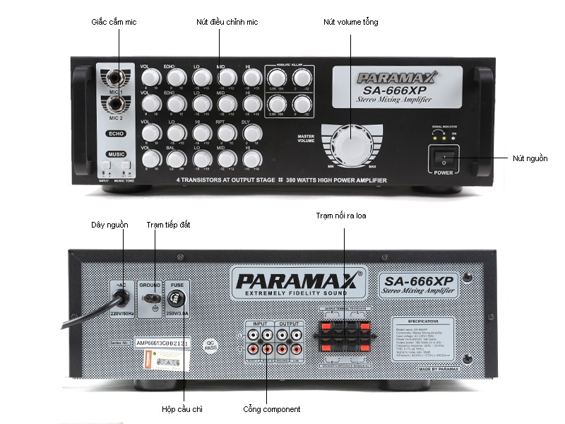 Mặt trước và mặt sau của Amply Paramax SA-666XP