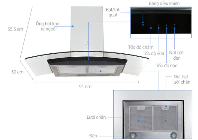 Thông số kỹ thuật của máy hút mùi Electrolux efc936gar