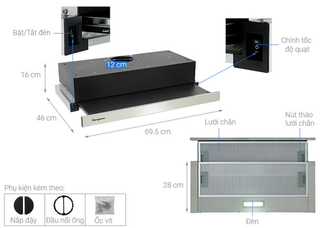 Thiết kế của máy hút mùi Kangaroo KG70BH1 đơn giản, tinh tế