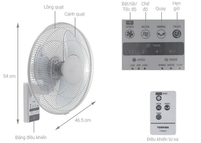 Quạt treo tường Toshiba F-WSA20(H)VN làm mát hiệu quả cho không gian với 3 cánh quạt có đường kính 40cm.