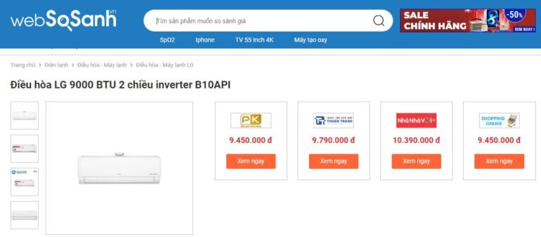 So sánh giá điều hòa LG B10API 2 chiều 9000btu cùng Websosanh.vn